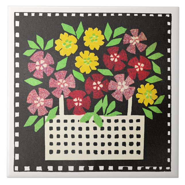 Azulejo De Cerâmica Cesto de Flores, vermelho e amarelo, (Frente)