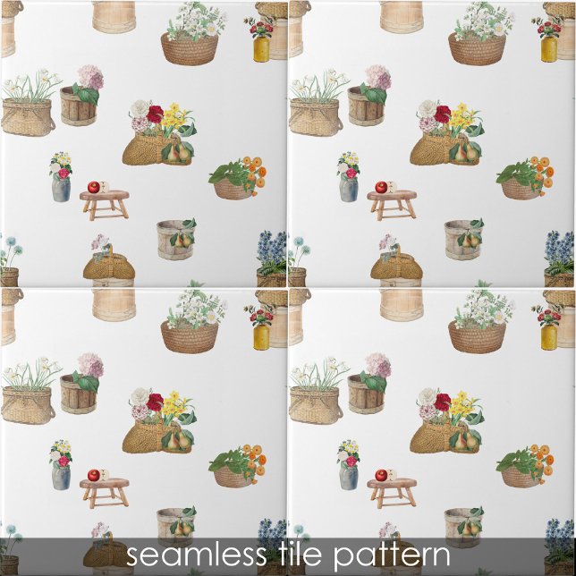 Azulejo De Cerâmica Cestos de Flores de Mercado do Aquecedor (Watercolor Farmer's Market Flower Baskets Ceramic Tile)