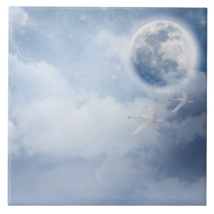 Azulejo De Cerâmica Céu Azul Mágico com Cisnes Voadoras