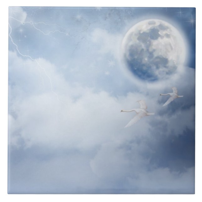 Azulejo De Cerâmica Céu Azul Mágico com Cisnes Voadoras (Frente)