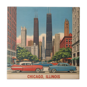 Azulejo De Cerâmica Céu Noturno Vintage da Cidade de Chicago Illinois