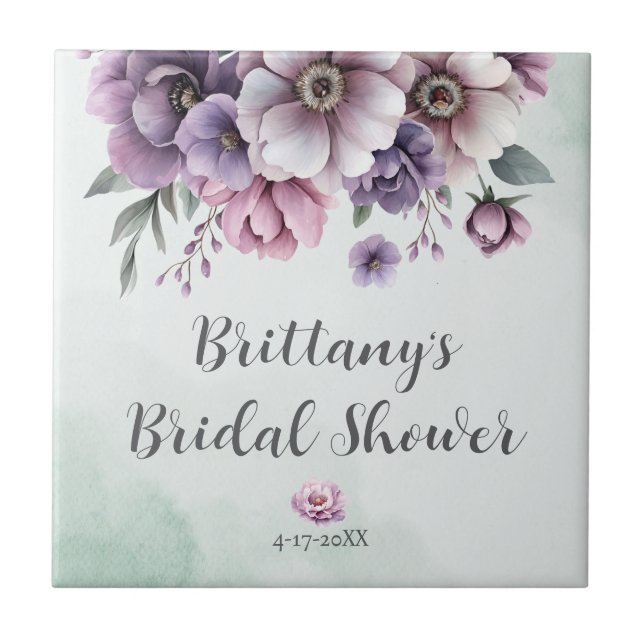 Azulejo De Cerâmica Chá de Bebê Lavanda & Floral Verde (Frente)