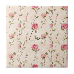 Azulejo De Cerâmica Chá de Noiva de Rosas Cor-de-Rosa Creme Floral