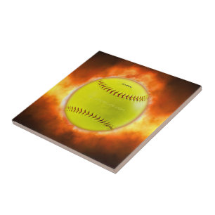 Azulejo De Cerâmica Chamas de bola de fogo de softball amarelo do Slip