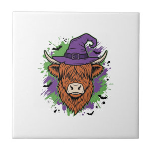 Azulejo De Cerâmica Chapéu de Bruxa Cow Highland Halloween Vetor Vinta