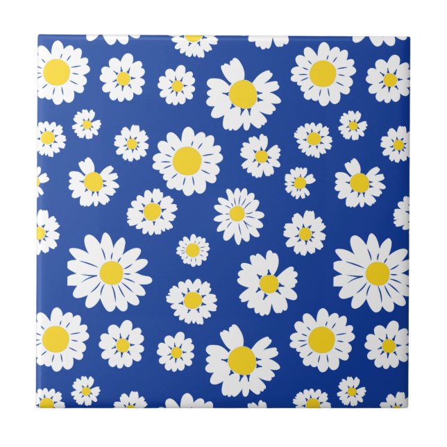 Azulejo De Cerâmica Charming Daisy Floral Design Azul Fundo (Frente)