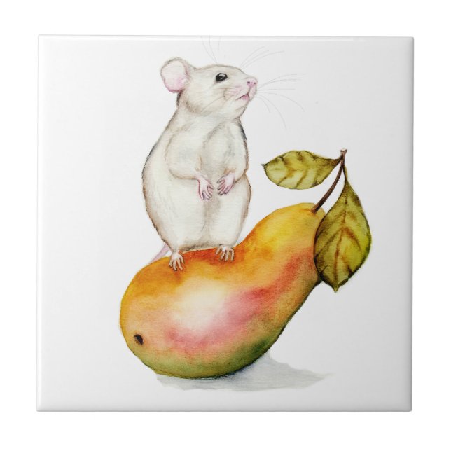 Azulejo De Cerâmica Charming Mouse on a Pear (Frente)