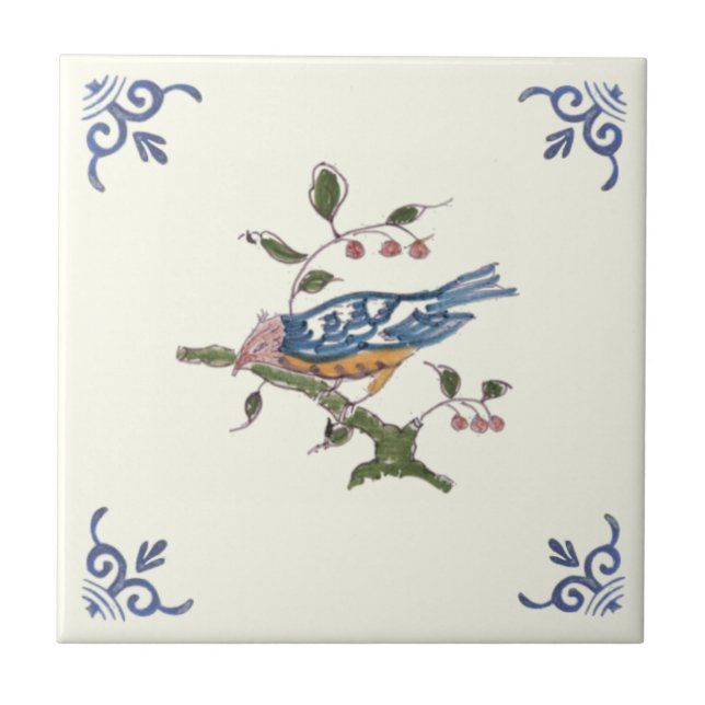 Azulejo De Cerâmica Charming Repro Delft Bird em Branch w/Berries (Frente)