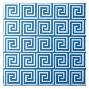Azulejo De Cerâmica Chave grega, azul cerulean e branco