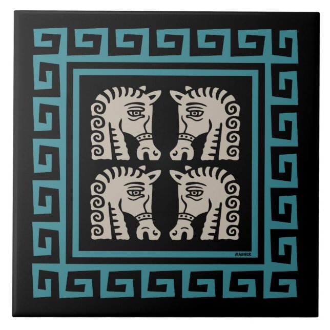 Azulejo De Cerâmica Chave grega de meio século com Design de cavalos (Frente)