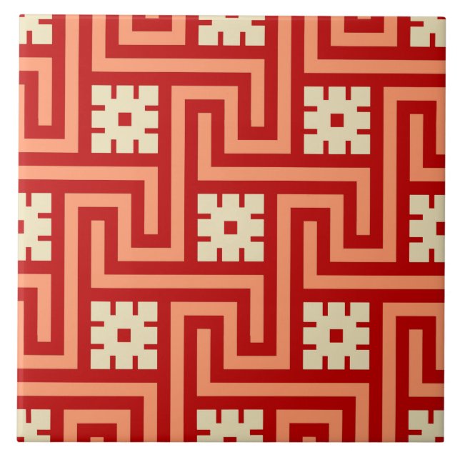 Azulejo De Cerâmica Chave Grega Deco, Laranja Coral e Creme (Frente)