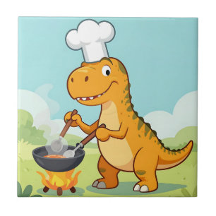 Azulejo De Cerâmica Chef Dinossauro Cozinhando Divertido