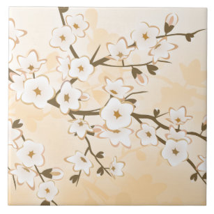 Azulejo De Cerâmica Cherry Blossom Beige Cream Floral Ásia