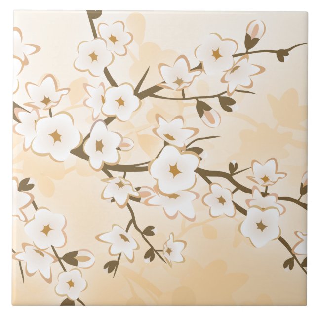 Azulejo De Cerâmica Cherry Blossom Beige Cream Floral Ásia (Frente)