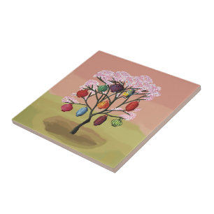 Azulejo De Cerâmica Cherry Blossom com lanternas de papel orientais