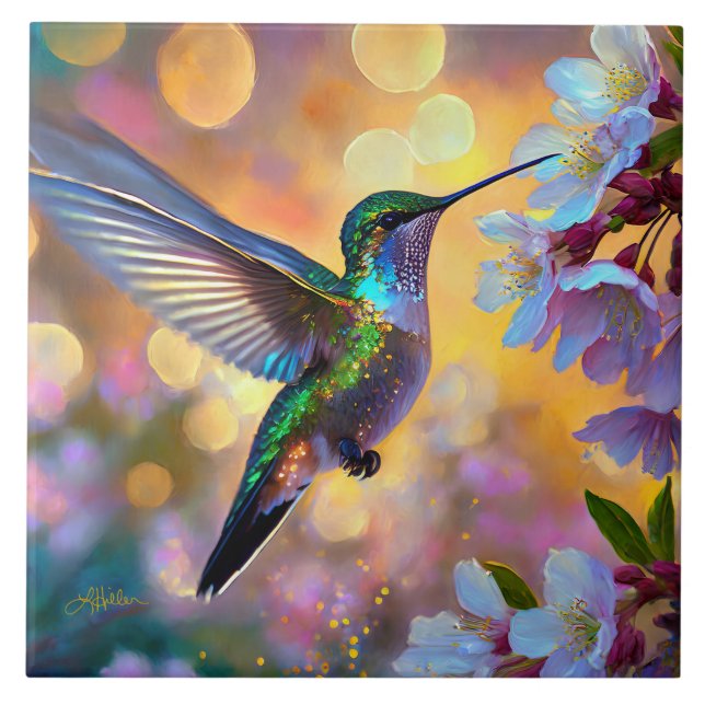 Azulejo De Cerâmica Cherry Blossom Fantasy Hummingbird (Frente)