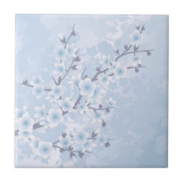 Azulejo De Cerâmica Cherry Blossom Sky Blue Floral