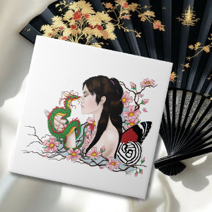 Azulejo De Cerâmica Cherry Blossoms Fairy Dragon Amizade