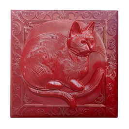 Azulejo De Cerâmica Cherry red faux alivio Art Nouveau Cat