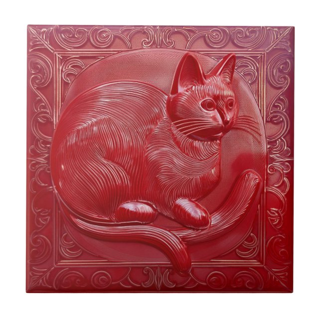 Azulejo De Cerâmica Cherry red faux alivio Art Nouveau Cat (Frente)