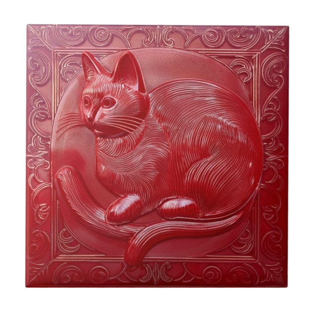 Azulejo De Cerâmica Cherry red faux alivio Art Nouveau Cat (Frente)