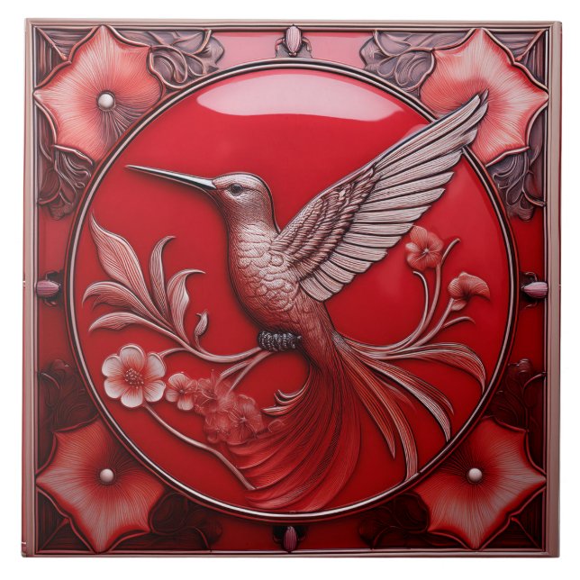 Azulejo De Cerâmica Cherry red faux relief Art Nouveau Hummingbird L (Frente)