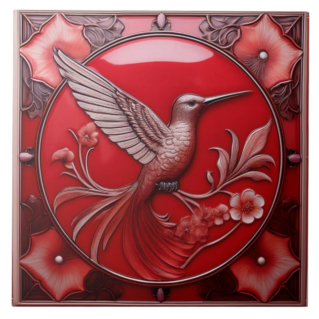 Azulejo De Cerâmica Cherry red faux relief Art Nouveau Hummingbird R (Frente)