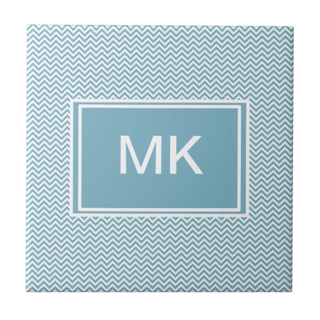 Azulejo De Cerâmica Chevron Azul com Monograma (Frente)