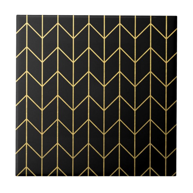 Azulejo De Cerâmica Chevron Dourado no chique moderno do fundo preto (Frente)