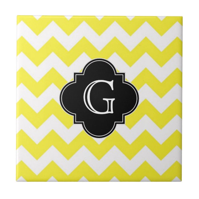 Azulejo De Cerâmica Chevron ZigZag Blk Quatrefoil Monagram Amarelo (Frente)