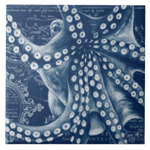 Azulejo De Cerâmica Chic de Mapa de Octopus Vintage Azul