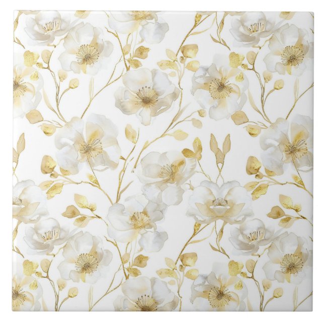 Azulejo De Cerâmica Chic Dourado Flores Brancas Festa de Casamento (Frente)