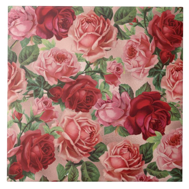 Azulejo De Cerâmica Chic Elegant Vintage Flor de rosa vermelha rosa-pá (Frente)