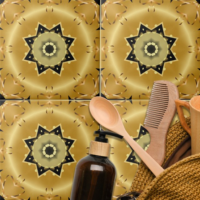 Azulejo De Cerâmica Chic Elegante Dourado e Estrela Negra Árabe (Criador carregado)