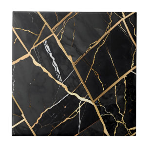 Azulejo De Cerâmica Chic Elegante negro ouro amarelo Faux Marble