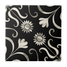 Azulejo De Cerâmica Chic Floral Damasco Negro Prata Negra