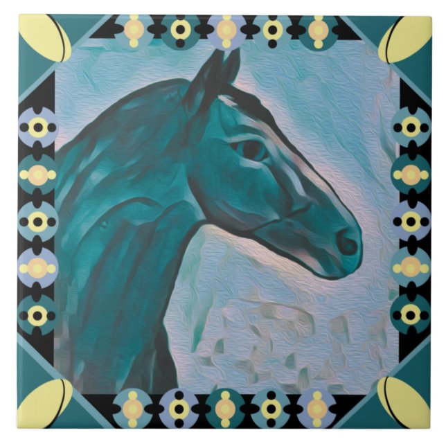 Azulejo De Cerâmica Chic Horse Turquoise Teal Blue Mix e Yellow (Frente)