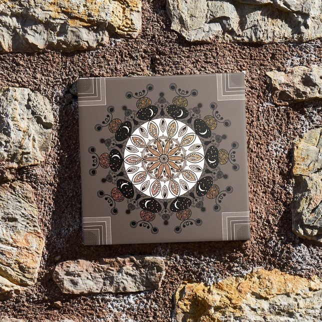 Azulejo De Cerâmica chic moderna mandala preta branca simples (Criador carregado)