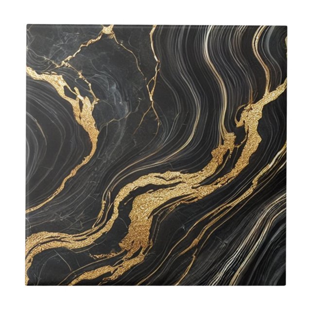 Azulejo De Cerâmica Chic Preto e Dourado com Aparência de Mármore Glam (Frente)