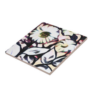 Azulejo De Cerâmica Chic Trendy White + Flores De Artéria Rosa