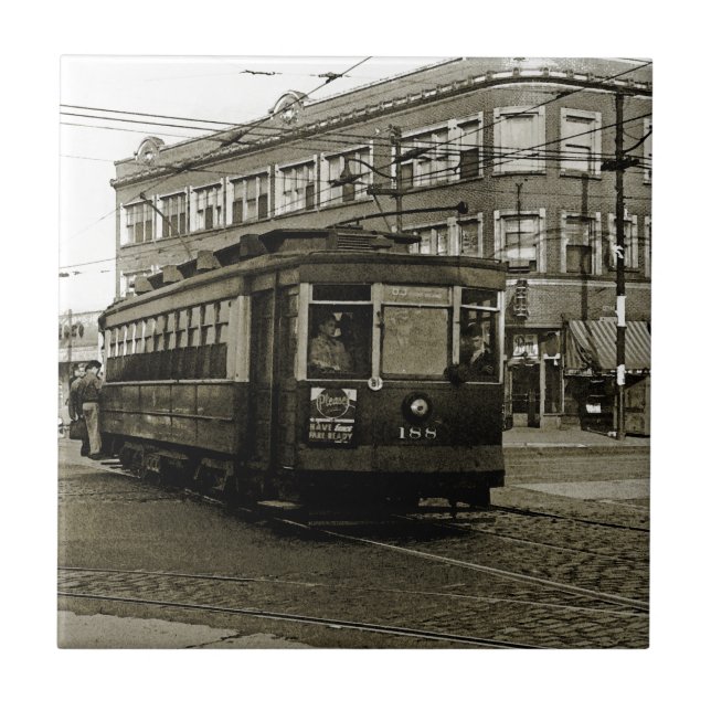AZULEJO DE CERÂMICA  CHICAGO 63ª E OCIDENTAL 1952 TROLLEY ART SEPIA (Frente)
