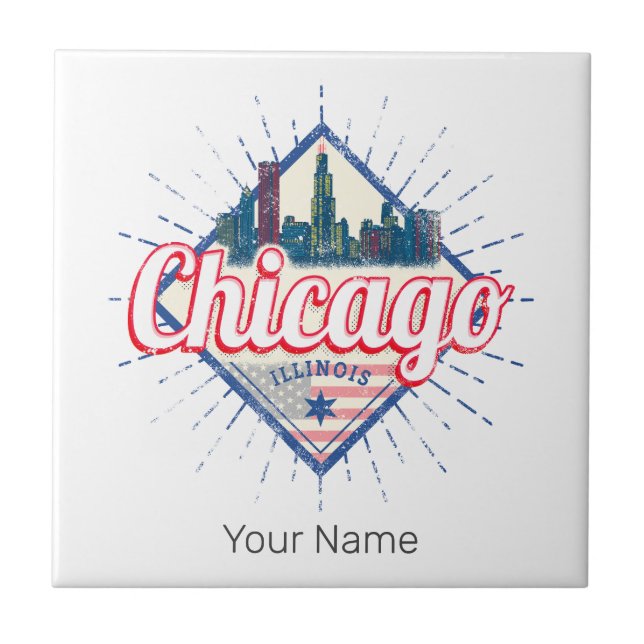 Azulejo De Cerâmica Chicago Illinois Estados Unidos Retro Skyline EUA (Frente)