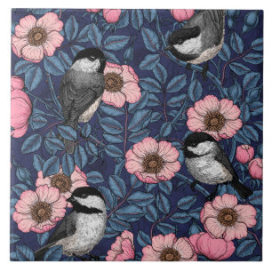 Azulejo De Cerâmica Chickadees in the wild rose in pink and blue