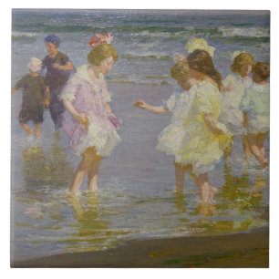 Azulejo De Cerâmica Children Wading on the Beach (por E.H. Potthast)