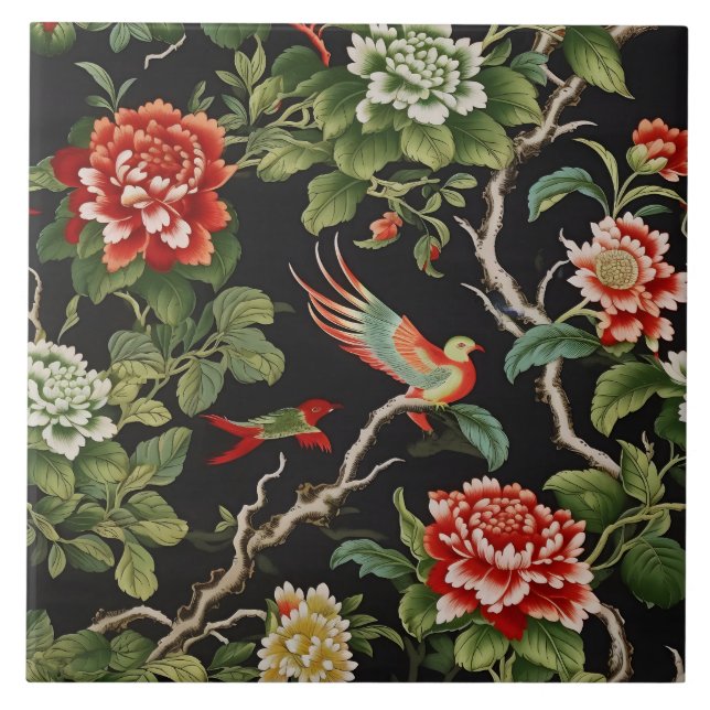 Azulejo De Cerâmica Chinese red green floral pattern tile (Frente)