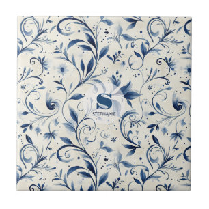 Azulejo De Cerâmica Chinoiserie Azul de Aguarela Vinha & Floral