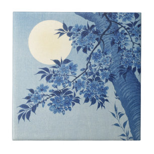 Azulejo De Cerâmica Chinoiserie Azul-Marinho Flor de Cerejeira & Lua C