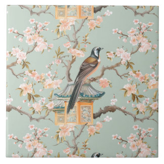Azulejo De Cerâmica Chinoiserie Bird & Blossom Blush Sage Ceramic Tile