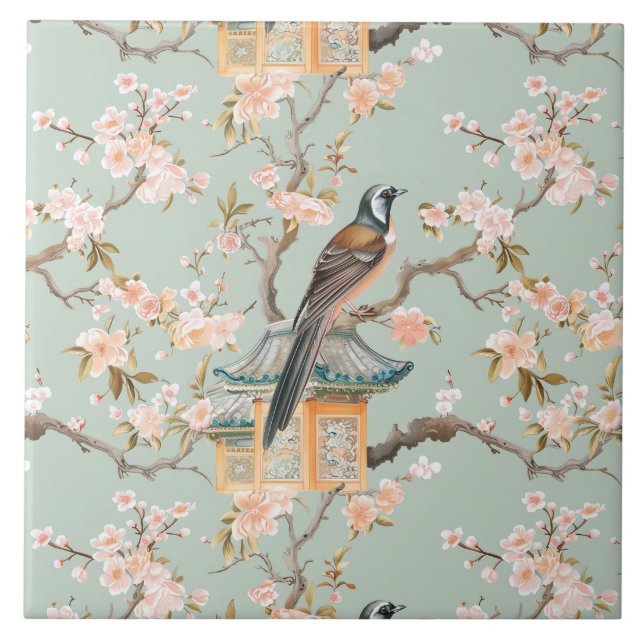 Azulejo De Cerâmica Chinoiserie Bird & Blossom Blush Sage Ceramic Tile (Frente)
