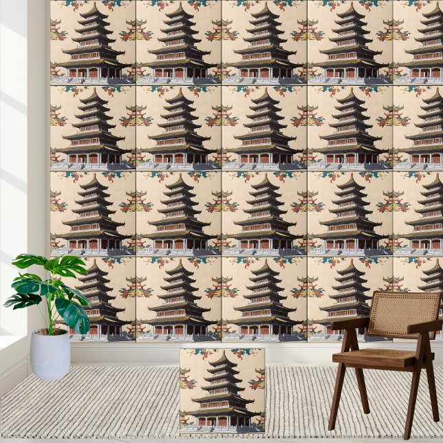 Azulejo De Cerâmica Chinoiserie Chinoiserie inspirada na Ásia (Asian-Inspired Floral Temple Chinoiserie Pagoda Ceramic Tile)